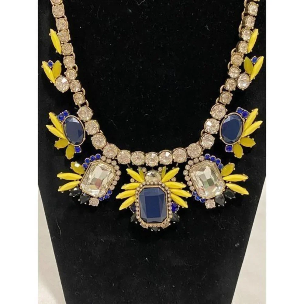 Chunky Gold‎ Tone Statement Necklace Blue Yellow and Clear Rhinestones